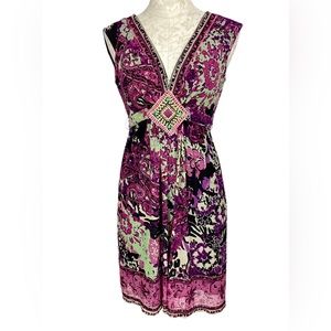 ICE V-neck Purple Green Print Mesh Cap Sleeve Dress Beaded Gypsy